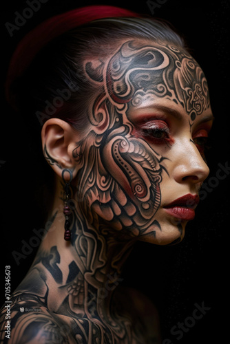 AI-Generated Portrait of a Young Woman with Fully Tattooed Face