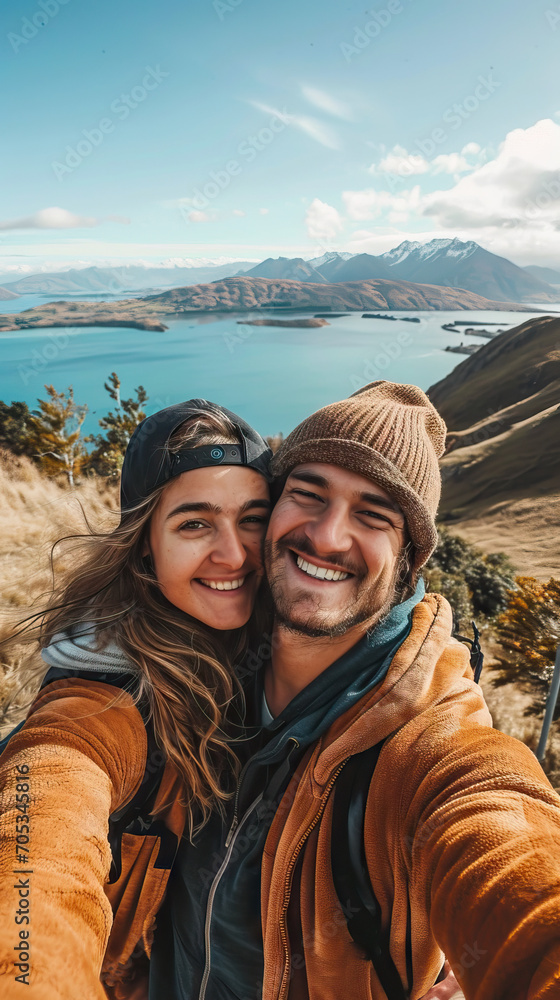 Couple Captures a Happy Selfie on the Top of a Mountain, with a Beautiful Lake in the Background, Celebrating Their Adventure and Achievement