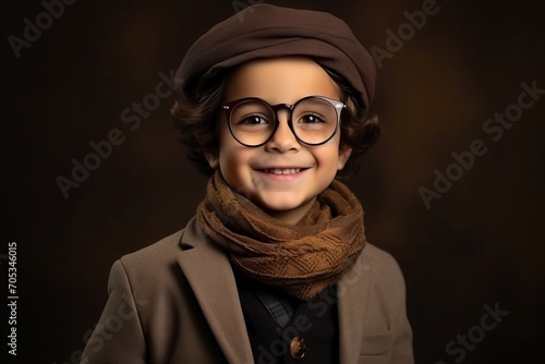 portrait of a little boy with glasses and a beret on a dark background