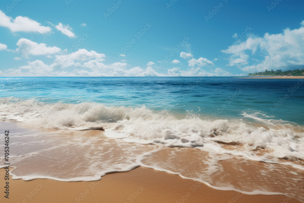 A sun-kissed summer beach, with golden sands and sparkling waves inviting relaxation and seaside joy. Concept of summer serenity. Generative Ai. A sun-kissed summer beach, with golden sands and sparkling waves inviting relaxation and seaside joy. Concept of summer serenity. Generative Ai.