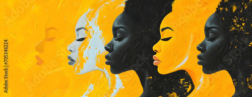 Abstract illustration in vibrant colors celebrating women's history and diversity, suitable for posters and events like black History Month.