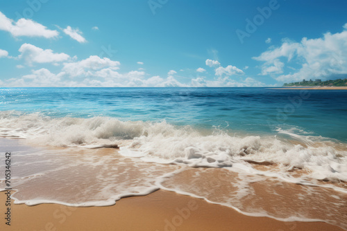 A sun-kissed summer beach, with golden sands and sparkling waves inviting relaxation and seaside joy. Concept of summer serenity. Generative Ai.