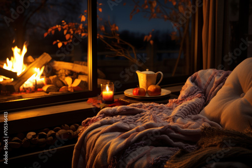 A cozy autumn evening, with a crackling fireplace, warm blankets, and the earthy aroma of fallen leaves outside. Concept of fireside comfort. Generative Ai.