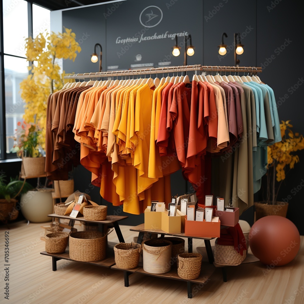 Fashion boutique interior with clothes hanging on racks and shelves displaying products