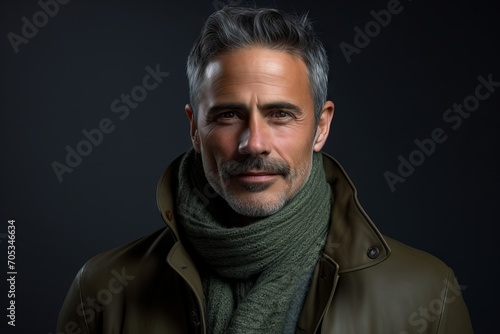 Portrait of a handsome middle-aged man wearing a coat and scarf.