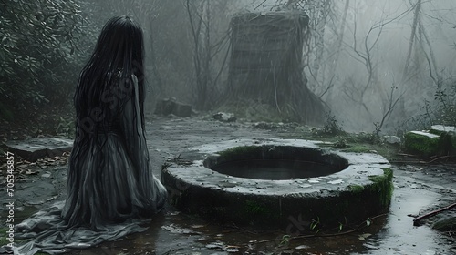 Mysterious Woman Next To An Old Well In A Foggy Forest At Dusk. Creepy artwork. VHS wallpaper. Spooky horror painting.