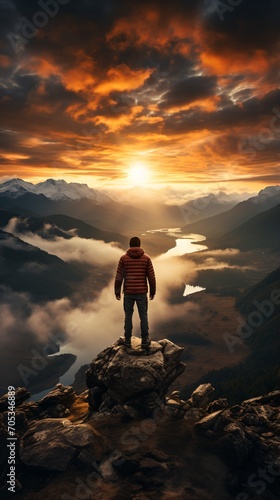 man standing on a mountaintop overlooking a valley at sunset