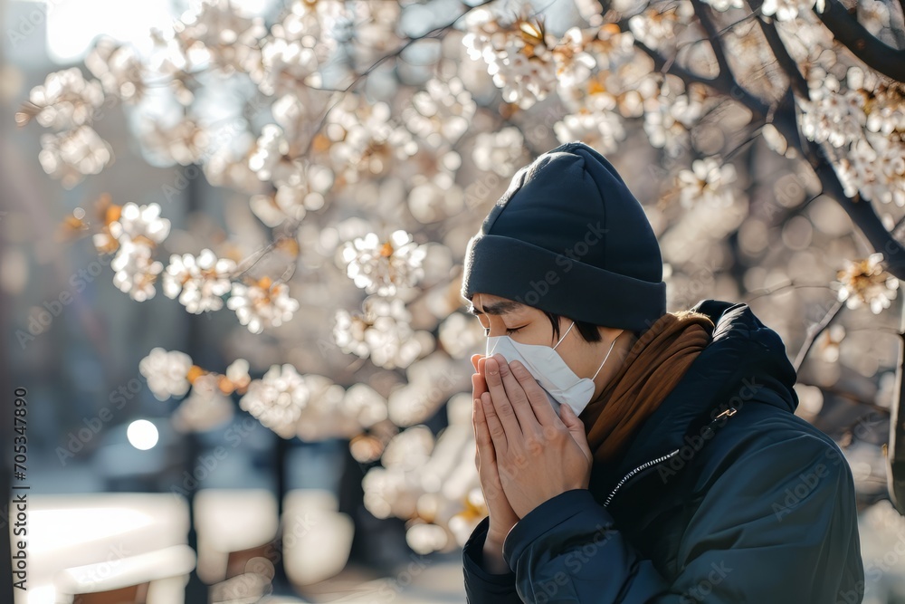 A man sneezes on a spring street, allergies