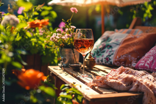 Glass of pink wine on a table on cozy wooden terrace with rustic wooden furniture, soft colorful pillows and blankets, and flower pots. Charming sunny evening in summer garden.