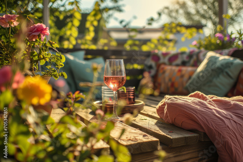 Glass of pink wine on a table on cozy wooden terrace with rustic wooden furniture, soft colorful pillows and blankets, and flower pots. Charming sunny evening in summer garden.