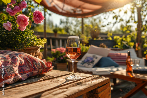 Glass of pink wine on a table on cozy wooden terrace with rustic wooden furniture, soft colorful pillows and blankets, and flower pots. Charming sunny evening in summer garden. photo