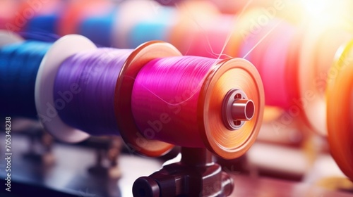 Closeup of colorful thread being spun on a spinning wheel for traditional textiles.