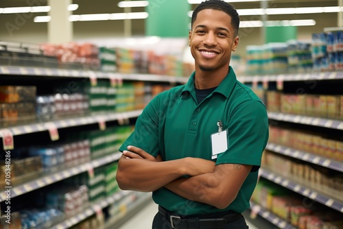Portrait of a happy African-American grocery store employee photo