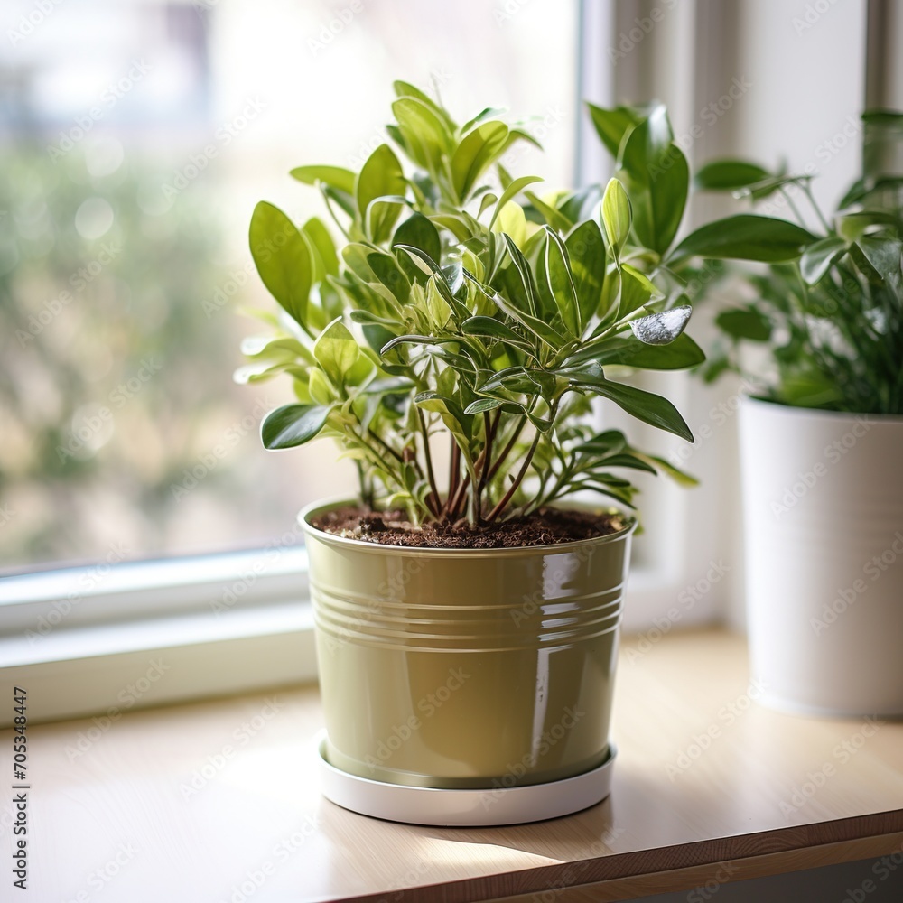 A small potted plant sits on a window sill A small potted plant sits on a window sill