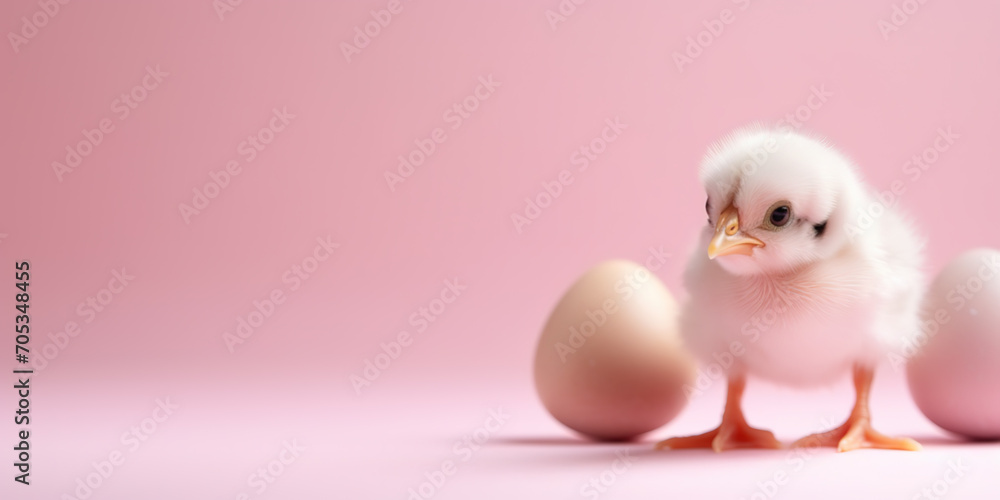 Little chicken looking at the egg on pink background with copy space. Agriculture and farming