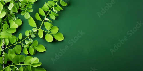 Fresh moringa leaves on green background. Top view with copy space