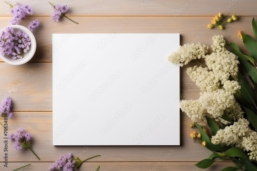 Flat lay background with a sheet of paper and flowers on a wooden background Flat lay background with a sheet of paper and flowers on a wooden background
