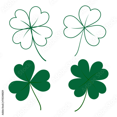 Outline and color drawn tree leaf and four leaf clover in trendy green. St. Patrick greeting element