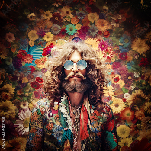 AI-Generated Portrait of a Bearded Young Man in 60s-70s Hippie Power Flower Style