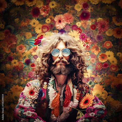 AI-Generated Portrait of a Bearded Young Man in 60s-70s Hippie Power Flower Style