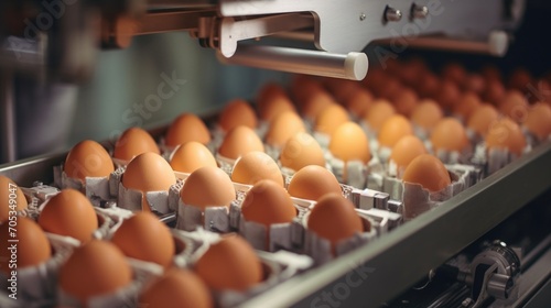 Macro shot of specialized machinery sorting and packaging eggs in an automated facility. photo