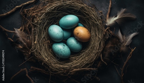 Nest with blue Easter eggs and gold spots