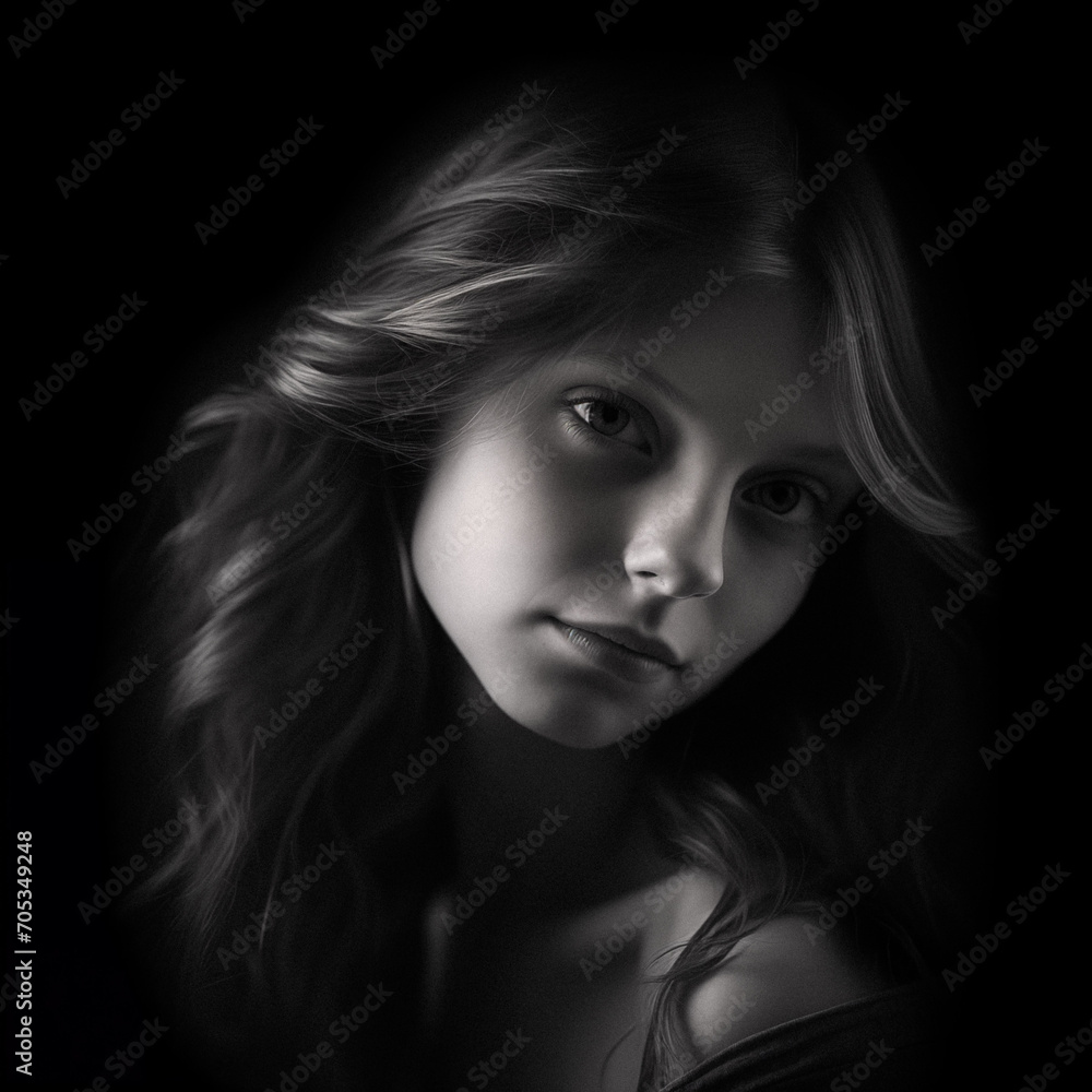 AI-Generated Black and White Portrait of a Beautiful Teenage Girl AI-Generated Black and White Portrait of a Beautiful Teenage Girl