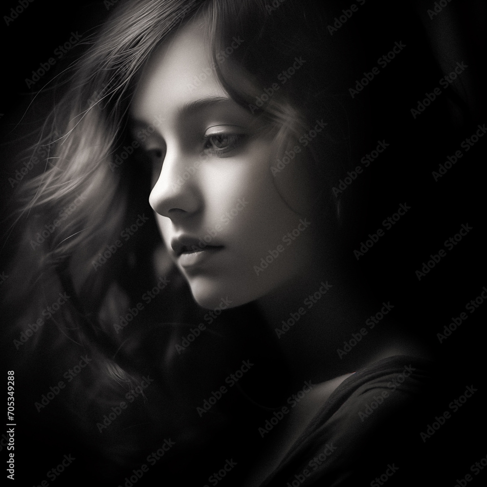 AI-Generated Black and White Portrait of a Beautiful Teenage Girl