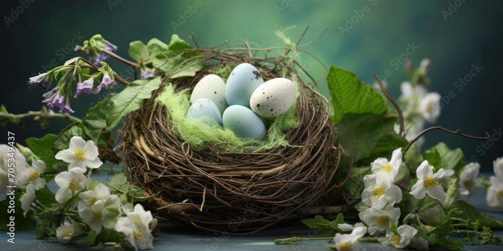 Beautiful coloured Easter eggs in a basket before green background with copy space Beautiful coloured Easter eggs in a basket before green background with copy space