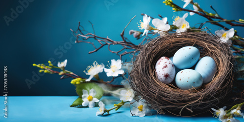 Birds nest with easter eggs and flowers, blue background, copy space photo
