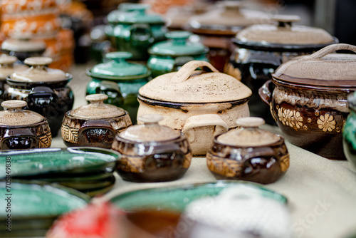 Ceramic dishes  tableware and jugs sold on Easter market in Vilnius. Lithuanian capital s annual traditional crafts fair is held on Old Town streets.