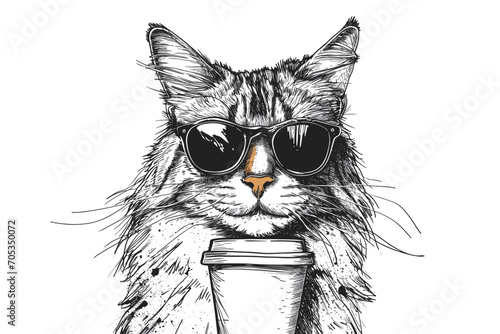 Cool Cat Vibes: Feline Fashionista with Coffee on the Go