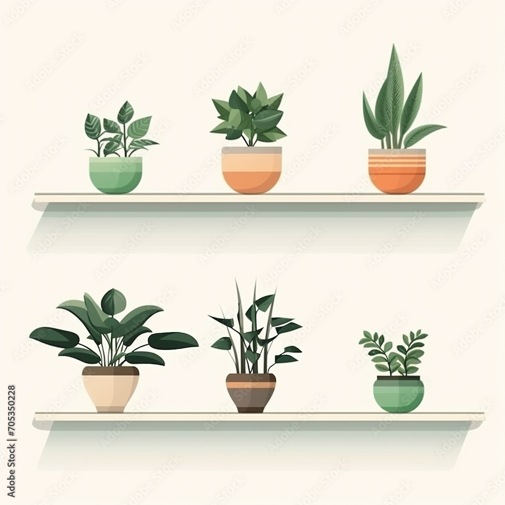 Various types of houseplants on shelves