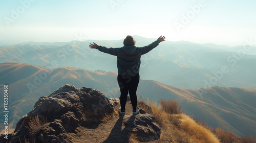 Person Standing on Mountaintop in Victorious Pose after Hiking photo