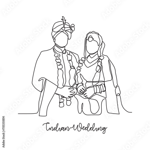
One continuous line drawing of Indian wedding ceremony vector illustration. Indian bride complete with wedding costume design illustration simple linear style vector concept. Indian design vector.