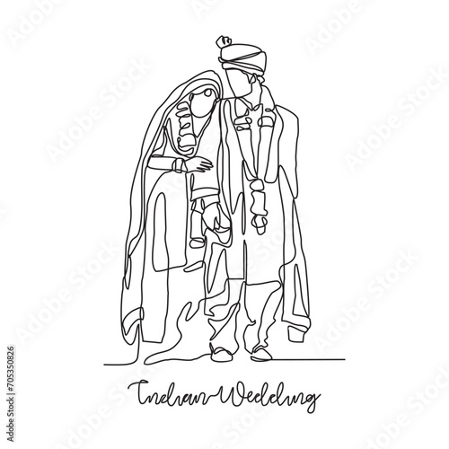 
One continuous line drawing of Indian wedding ceremony vector illustration. Indian bride complete with wedding costume design illustration simple linear style vector concept. Indian design vector.