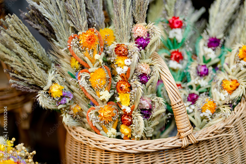 Traditional Lithuanian Easter palms known as verbos sold on Kaziukas, Easter market in Vilnius.