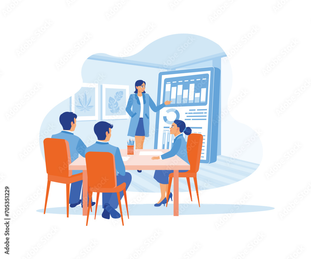 The female manager is holding a presentation with the marketing team. The manager uses a digital whiteboard to analyze growth graphs, statistics and data. Growth Analysis concept. The female manager is holding a presentation with the marketing team. The manager uses a digital whiteboard to analyze growth graphs, statistics and data. Growth Analysis concept.