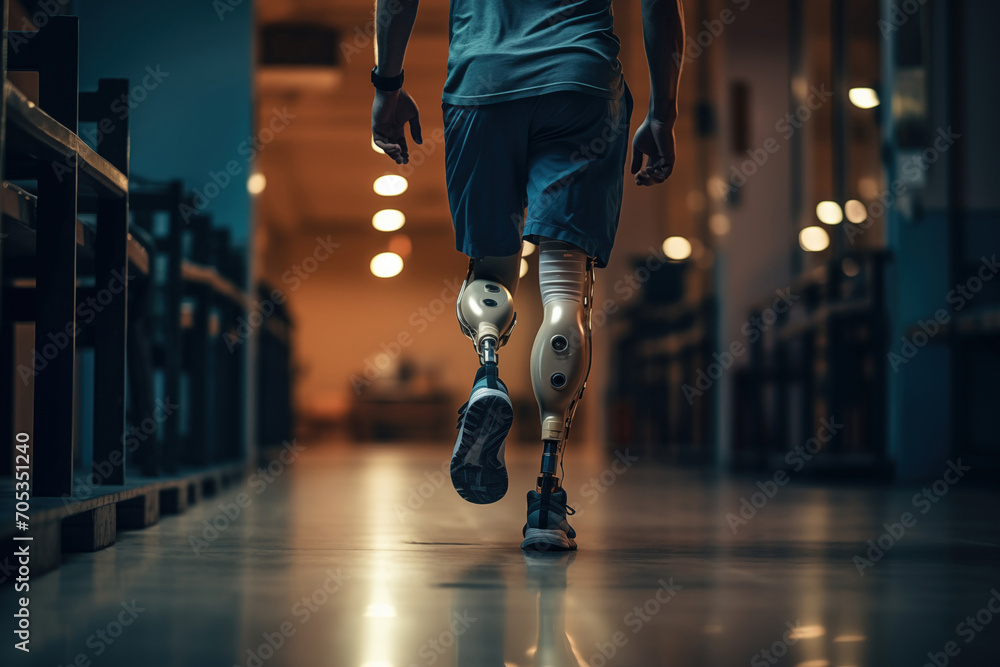 Fototapeta premium Unrecognizable Amputee Sportsman Walking with Bionic Prosthetic Legs