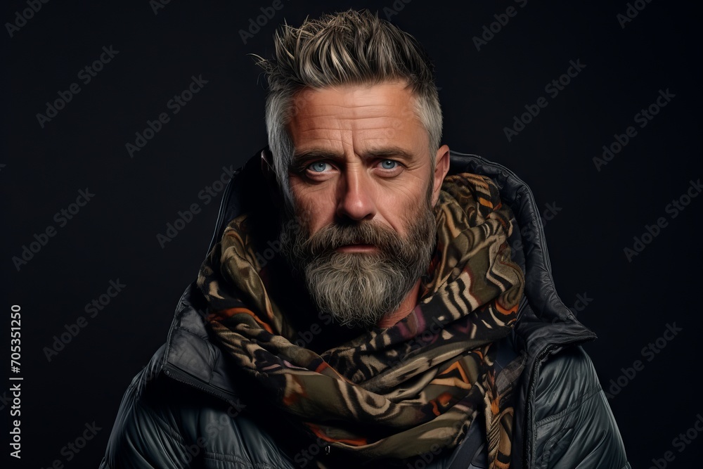 Portrait of a bearded man in a jacket and scarf. Men's beauty, fashion. Portrait of a bearded man in a jacket and scarf. Men's beauty, fashion.