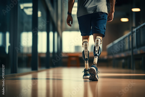 Unrecognizable Amputee Sportsman Walking with Bionic Prosthetic Legs