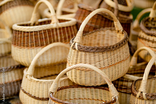 Wicker baskets of various sizes sold on Easter market in Vilnius. Annual spring fair on the streets of capital of Lithuania. photo