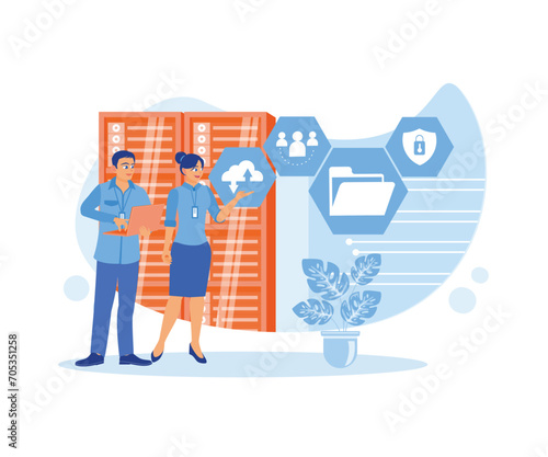 A male IT specialist is using a laptop and discussing it with a female server technician. They are standing in the data centre room. Discuss Information concept. trend flat vector modern illustration