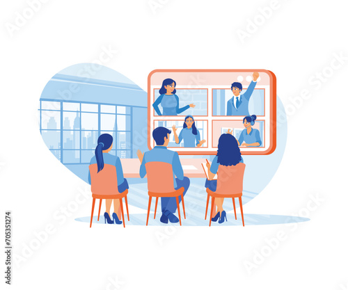 Diverse business people hold online meetings. They make video calls with business partners on the monitor screen. Discuss Information concept. Trend Modern vector flat illustration