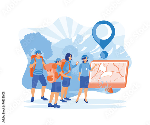 A young tourist with a backpack on their back. Gather around the tour guide in the Celsus library area in Ephesus to listen to the guide's explanation of the site. Tourist Guide concept. 