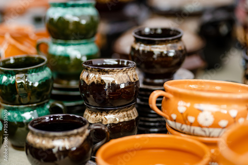 Ceramic dishes, tableware and jugs sold on Easter market in Vilnius. Lithuanian capital's annual traditional crafts fair is held on Old Town streets.