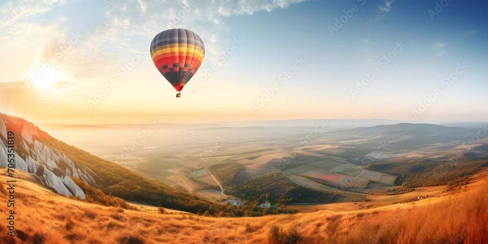 hot air Balloon over beautiful landscape at sunnt day