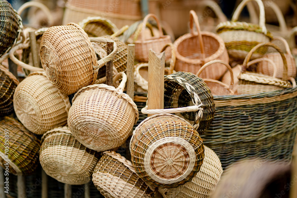 Wicker baskets of various sizes sold on Easter market in Vilnius. Annual spring fair on the streets of capital of Lithuania.