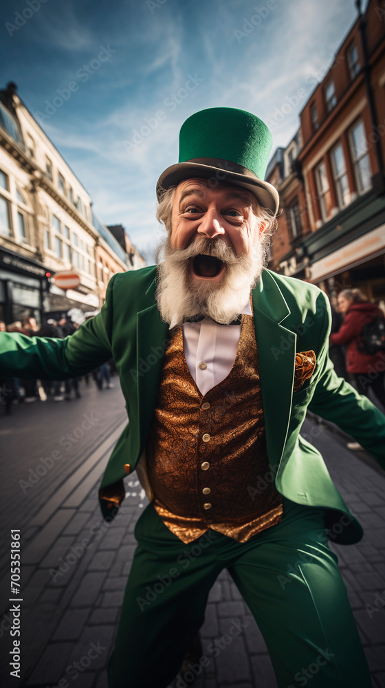 Fototapeta premium An elderly man cool dancing dressed in green celebrating St Patrick's Day with festive cheer