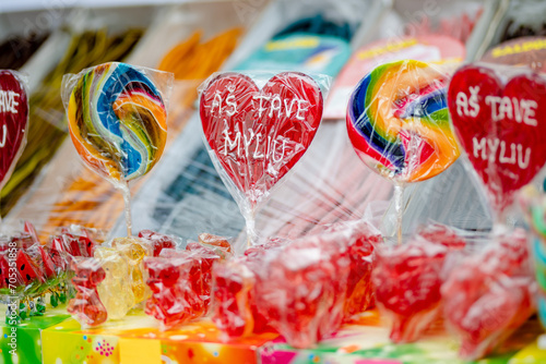 Assorted sweets and candies sold on traditional Lithuanian spring fair in Vilnius, Lithuania